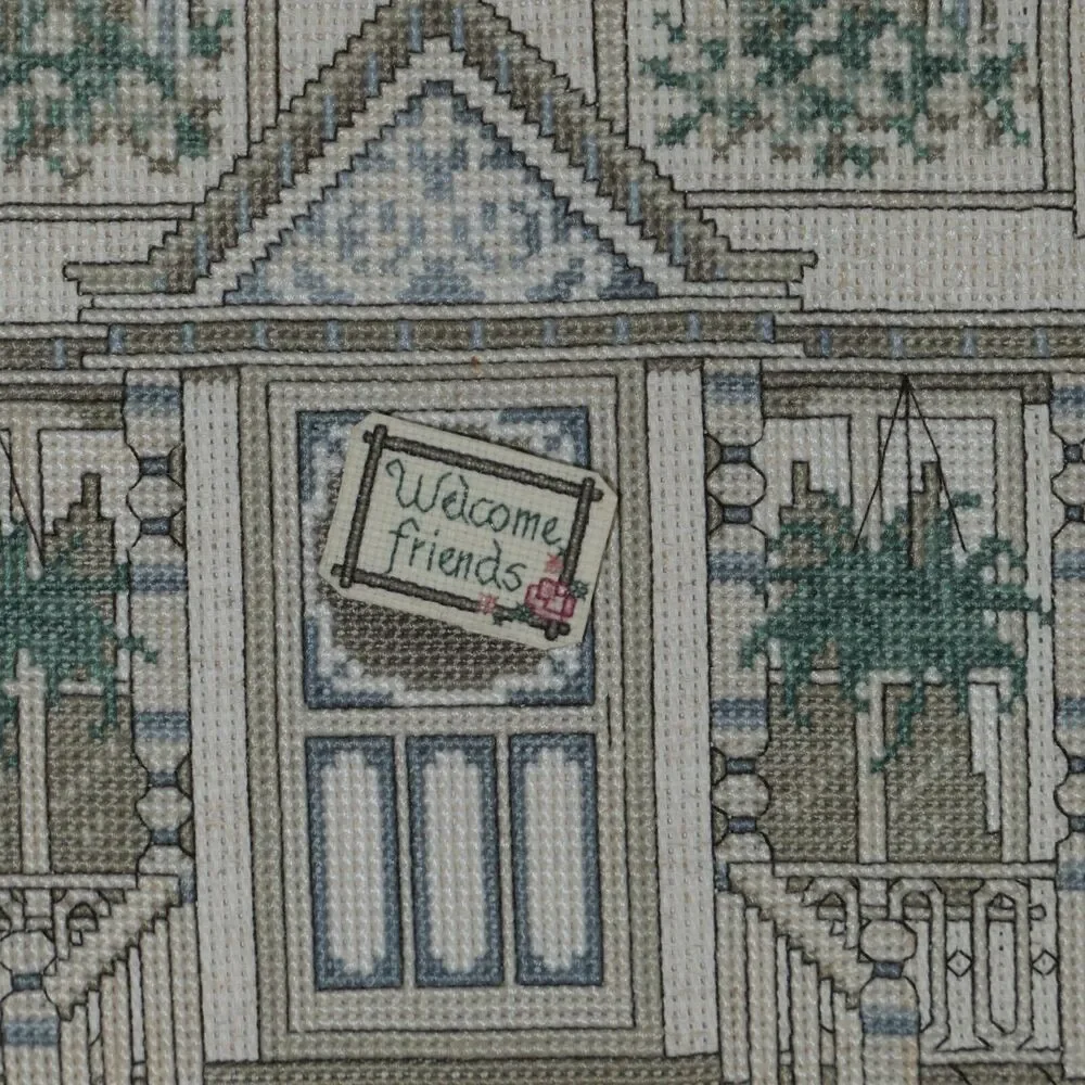 Vintage Needlepoint Welcome Friends Victorian House Embroidery Handmade Framed